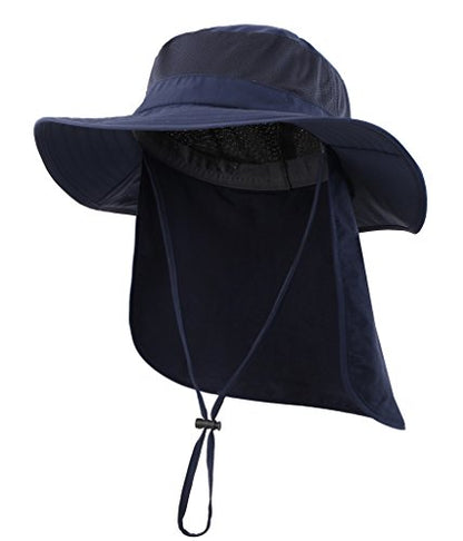 Home Prefer Outdoor UPF50+ Mesh Sun Hat Wide Brim Fishing Hat with Neck Flap Sun Hat for Men Women - color: Navy Blue