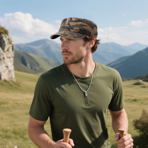Military Cadet Army Cap for Men Women – Washed Cotton Vintage Adjustable Flat Top Hat - color: Brown Camo