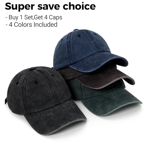 4 Packs Vintage Washed Distressed Baseball Cap Golf Dad Hat for Men Women - color: Black + Navy Blue + Brown + Army Green
