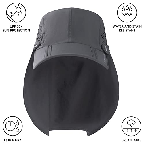 BASSDASH UPF 50+ Fishing Hat, Baseball Cap with Removable Neck Flap - color: Dark Grey With Foldable Brim
