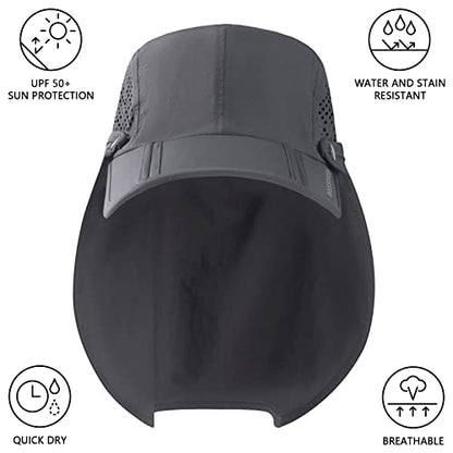 BASSDASH UPF 50+ Fishing Hat, Baseball Cap with Removable Neck Flap - color: Dark Grey With Foldable Brim