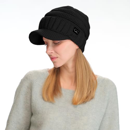 C.C Trendy Warm Oversized Chunky Soft Oversized Ribbed Slouchy Knit Hat with Visor Brim - color: Black