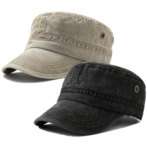2 Pack Men's Cotton Military Caps Cadet Army Caps Vintage Flat Top Cap - color: Khaki/Dark Grey