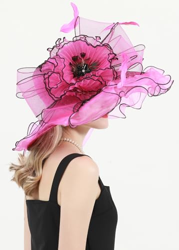 ORIDOOR Women Organza Fascinator Church Derby Hat Floral Tea Party Wedding Hat - color: 868-rose Red