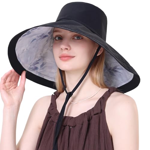 Wide Brim Sun Hat for Women Reversible Beach Hats Metal Wired Edge Gardening Hats, UPF 50+ Bucket Summer Hat - color: Black Floral