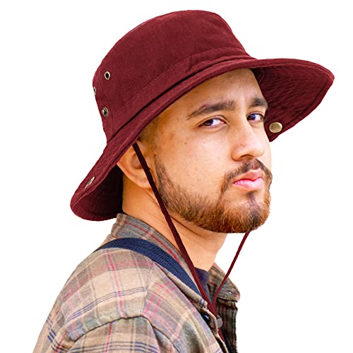 Unisex Cotton Boonie Hat Summer Fishing Bucket Hat Sun Hat with String - color: Solid Dark Red