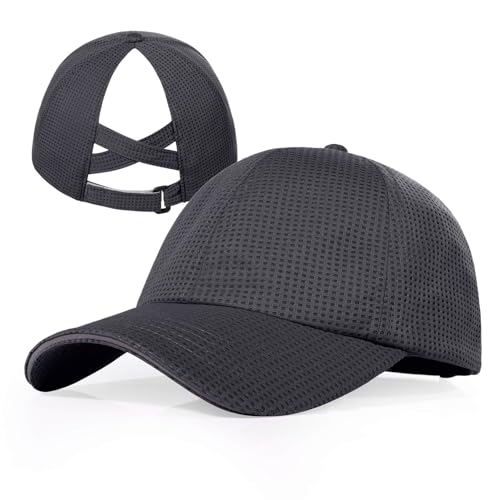 ZTL Womens High Ponytail Baseball Cap Performance Mesh Hat, Lightweight Quick Dry Race Day Running Hat with Reflective Trim - color: Grey