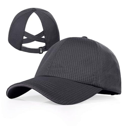 ZTL Womens High Ponytail Baseball Cap Performance Mesh Hat, Lightweight Quick Dry Race Day Running Hat with Reflective Trim - color: Grey