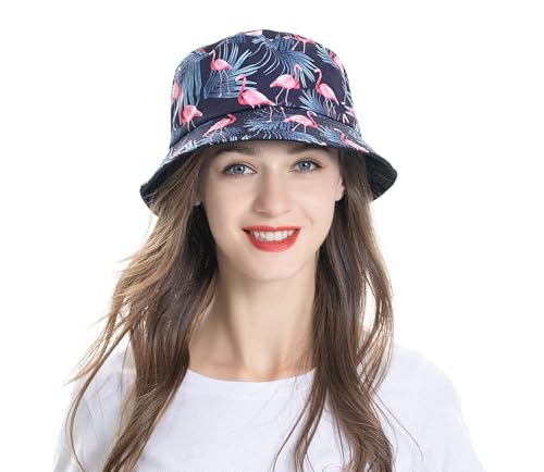 ZLYC Printed Bucket Hat for Women Men Packable Summer Sun Hat for Beach - color: Flamingo Navy