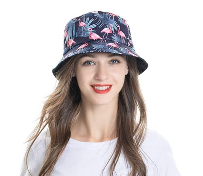 ZLYC Printed Bucket Hat for Women Men Packable Summer Sun Hat for Beach - color: Flamingo Navy
