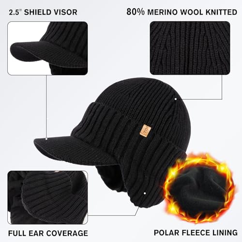 TOP-EX DryKnit™ 80% Merino Wool Waterproof Warm Brim Beanie with Ear Flaps - color: Black, size: Medium-Large
