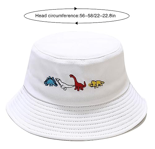 XYIYI Fashion Embroidery Bucket Hat Cotton Beach Fisherman Hats for Women Girls - color: Little Dinosaur White