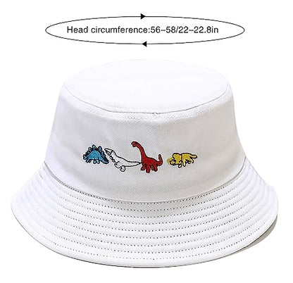 XYIYI Fashion Embroidery Bucket Hat Cotton Beach Fisherman Hats for Women Girls - color: Little Dinosaur White