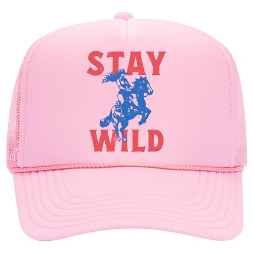 Stay Wild Trucker Hat | Vintage Cowboy Cowgirl Western Funny | Premium Mesh Foam Snapback Hat for Men & Women - color: Pink