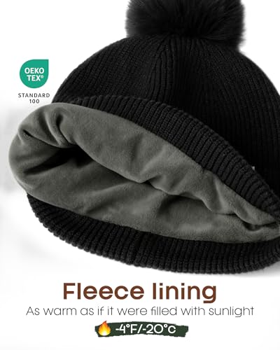 FURTALK Pom Pom Winter Hats for Women Fleece Lined Slouchy Warm Beanie Skull Cap - color: Black
