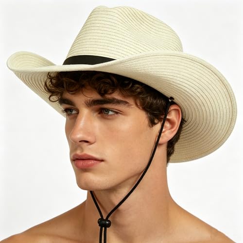 Men's Floppy Packable Straw Hat Beach Cap Newsboy Fedora Sun Hat, Big Brim, Adjustable Chin Strap - color: White