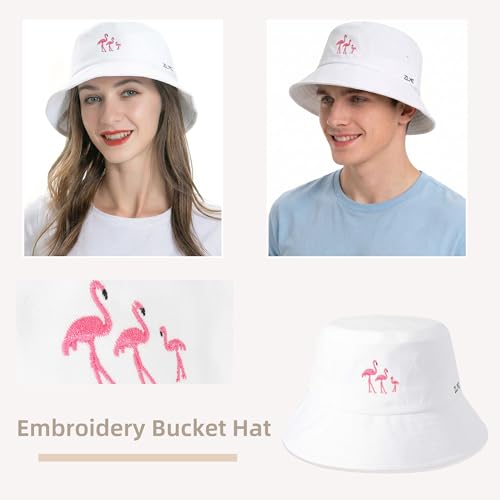 ZLYC Cotton Bucket Hat for Women Men Embroidered Packable Summer Sun Cap - color: White Flamingo