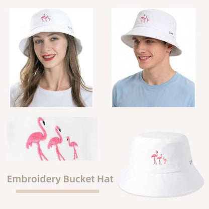 ZLYC Cotton Bucket Hat for Women Men Embroidered Packable Summer Sun Cap - color: White Flamingo