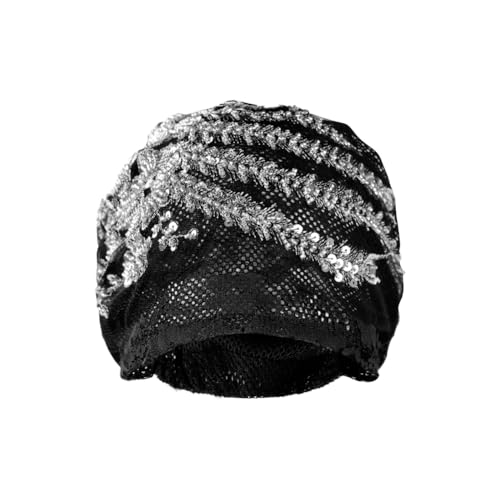 haozaikeji Women Flower Turban Hat Rhinestones Muslim Islamic Head Wrap African Pearl Turban Soft Stretchy Head Cover - color: Black-gold