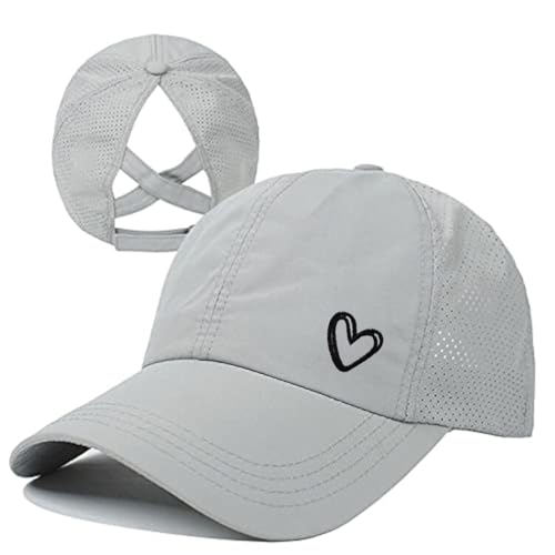 Womens Criss Cross Ponytail Hat Quick Drying Baseball Cap Sun Hats UV Protection Sport Cap - color: Grey With Heart