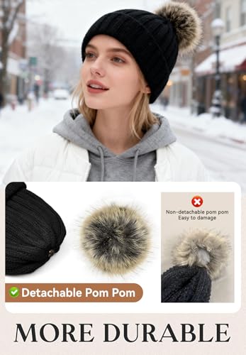 Zando Women's Satin Lined Beanie with Faux Fur Pom Pom - color: Beige