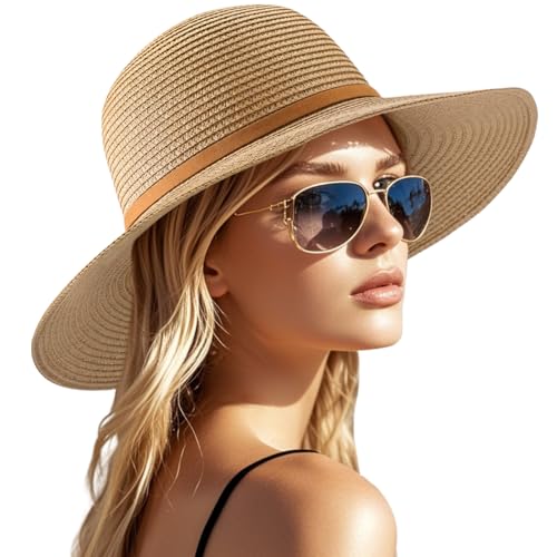 Beach Sun Straw Hats for Women, UPF 50+ UV Sun Protection Summer Straw Hat - color: 9cm,khaki Arrow