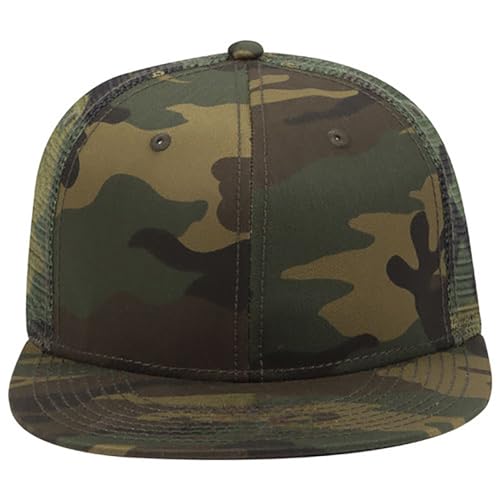 Ashen Fane 6 Panel Mid Profile Mesh Back Structured Trucker Adjustable Snapback Hat - color: Camo Dk.grn/Brn