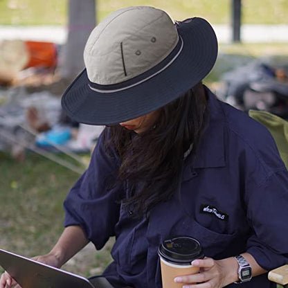 LumiSyne Unisex Two-Tone Bucket Hat Wide Brim Sun Hat UPF 50+ Adjustable Chin Strap Breathable Mesh Packable Boonie Hat - color: Navy Blue + Gray, size: Large-X-Large
