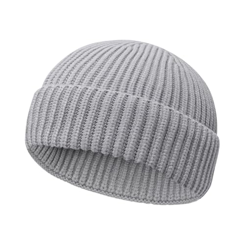 Wool Fisherman Beanies for Men Women Short Cuff Knit Beanie - color: Lightgrey