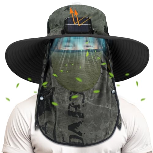 Berlune Solar Fan Hat Wide Brim with Neck Flap UPF 50+ - color: Military Green Ink
