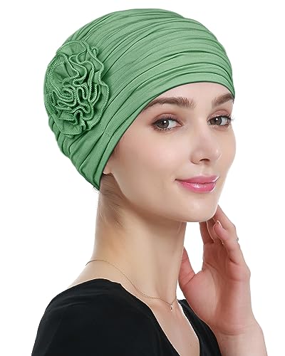 Alnorm Flower Design Chemo Hair Loss Caps Cancer Headwear for Women - color: Avocado Green