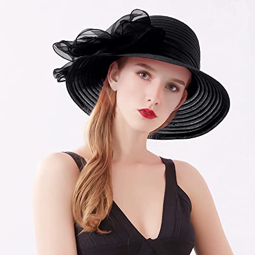 Women's Kentucky Derby Church Dress Hat Wide Brim Leaf Flower Bridal Shower Hat - color: 01 Black