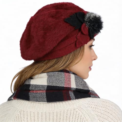 Women’s Vintage Wool Beret Winter Hats Elegant French Beret Beanie Dress Hat for Ladies - color: Br022-claret