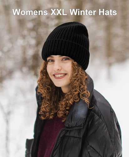 ZTL M/L/XL/XXL Merino Wool Beanie for Men Women, Fleece Lined Large Winter Hat, Big Knitted Cuffed Beanie Ski Skull Cap - color: Black, size: Medium-Large