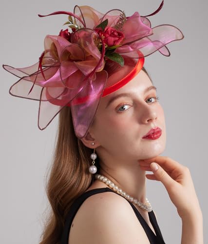 Women Derby Church Hat Organza Flower Wedding Tea Party Fascinator Wide Brim Sun Hat - color: 13-sunset Red