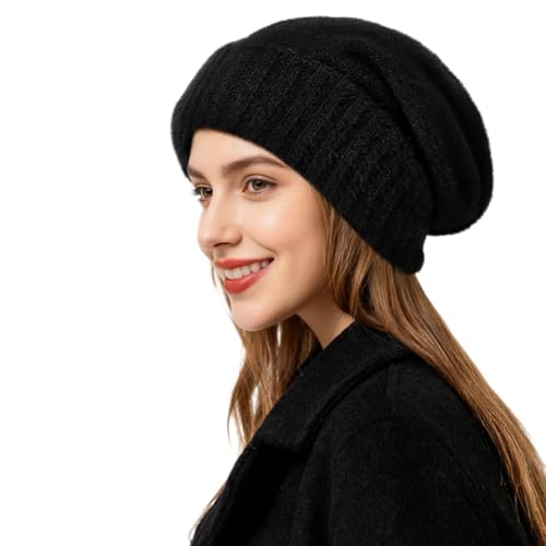 Satin Lined Slouchy Beanie Women-Winter Hats for Women Silk Lined Beanie for Winter Warm Cute Knit Hat - color: Black