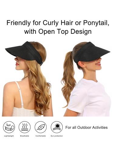 sy soul young Women's Beach Straw Hat with Ponytail Hole Packable Sunhat - color: Black