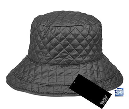 Foldable Water Repellent Quilted Rain Hat w/Adjustable Drawstring, Bucket Cap - color: Gray