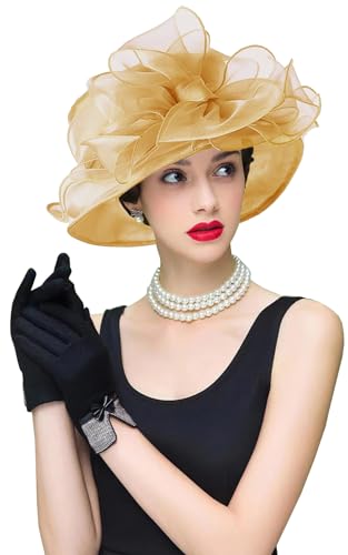Organza Fascinator Hat - Women’s Wide Brim Church Bridal Tea Party Wedding Hat - color: 01a-golden
