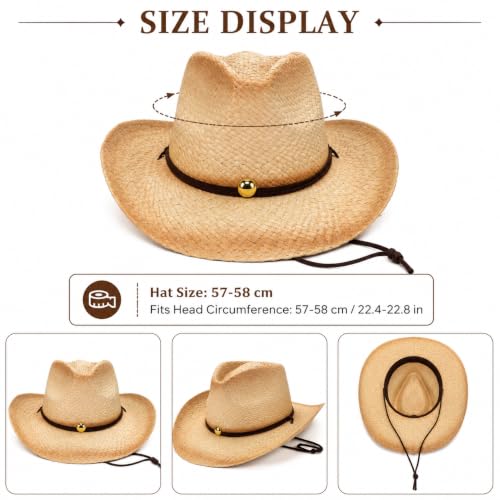 Straw Cowboy Hat for Men Women, Woven Western Summer Hat Natural - color: Beige