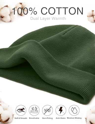 ROYBENS 100% Cotton No Cuff Beanie Hat Men Women, Fisherman Skull Cap - color: Dark Green