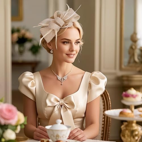 Zinniday Victoria Tea Party Hat - 2025 Bow Derby Attire Hats with Hairpin,1920s 50s Feather Fascinators for Women - color: Champagne