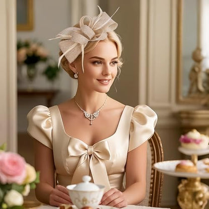 Zinniday Victoria Tea Party Hat - 2025 Bow Derby Attire Hats with Hairpin,1920s 50s Feather Fascinators for Women - color: Champagne