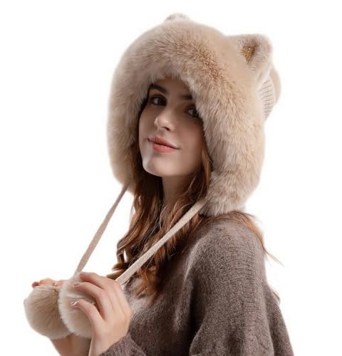 Outdoor Warm Earflap Beanie Hat with Brim Baseball Slouchy Knitted Visor Skull Caps for Women Men Black - color: Beige