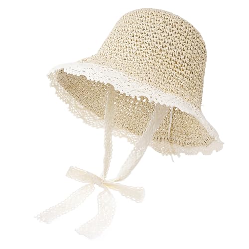 Baby Girl Straw Hat Toddler Summer Beach Hat with Lace Bow Sun Protection Hats for Infant Girls Beige