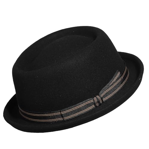 Wide Brim Pork Pie Hat 100% Wool Felt Hats Vintage Porkpie Derby Fedora - color: D Black, size: Medium