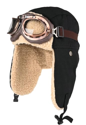 URAWOW Sherpa Aviator Trapper Hat for Men Women Ski Goggles Hunting Ushanka Trooper Russian Hat Plush Retro Faux Fur - color: Black