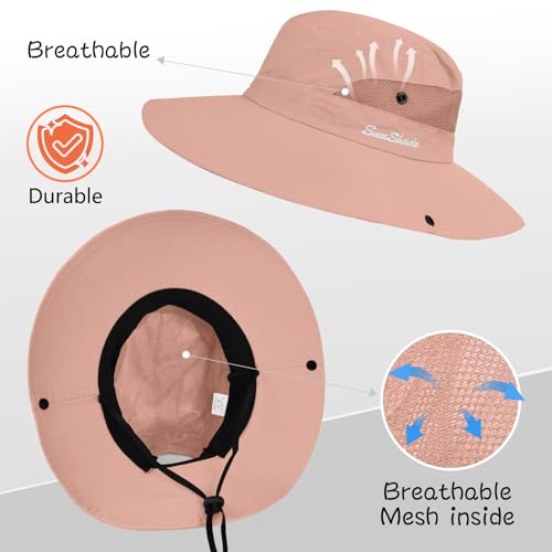 ZOORON Women's Ponytail Safari Sun Hat,Wide Brim UV Protection Bucket Hat - color: 1-purepink