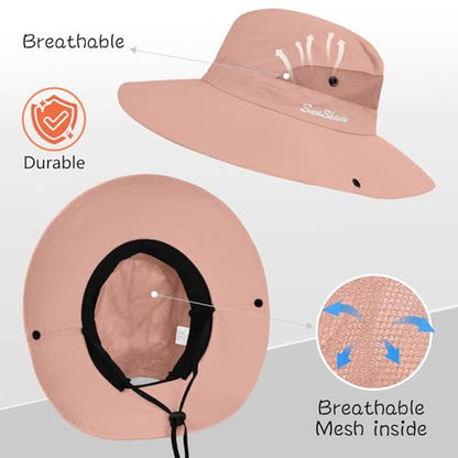 ZOORON Women's Ponytail Safari Sun Hat,Wide Brim UV Protection Bucket Hat - color: 1-purepink