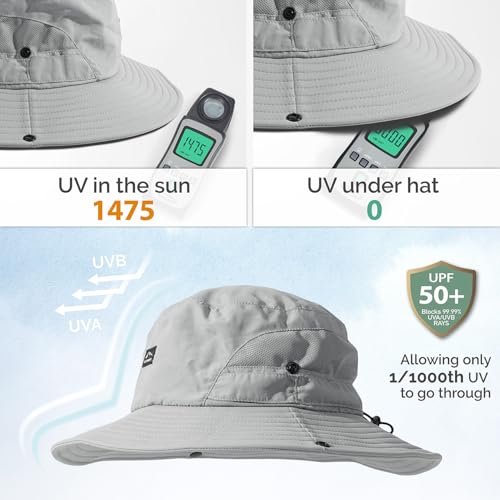 Hat Hut Hiking Hat, UPF50+ Wide Brim Sun Bucket Hats for Men Women, UV Protection, Fishing Outdoor Safari - color: Light Grey